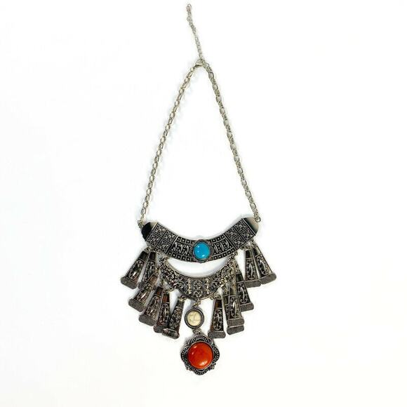 Southwestern Design Necklace Metal With Stones Faux Turquoise 11" - Picture 7 of 7